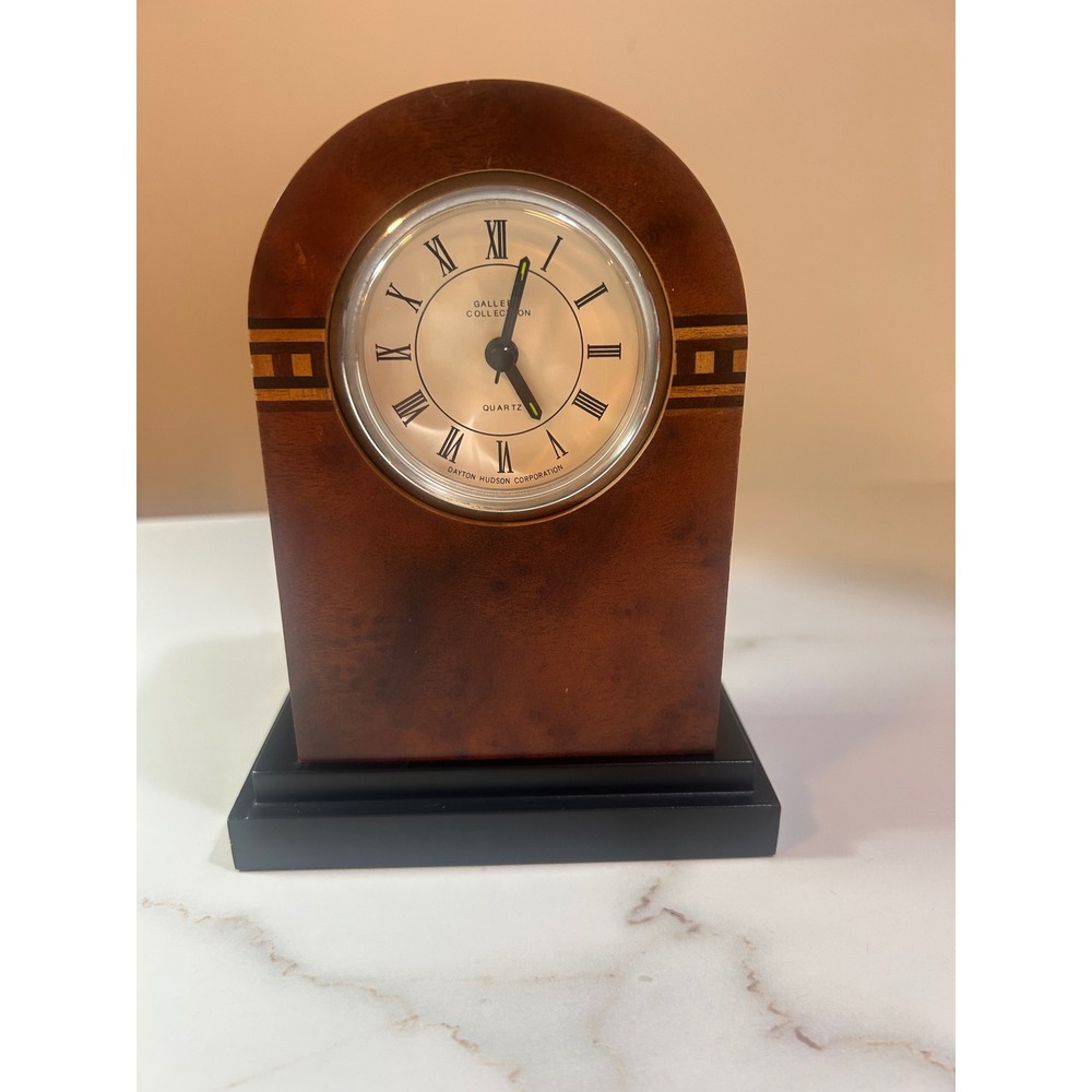 Gallery Collection Dayton Hudson Burl Wood Quartz Desk Clock Roman Numeral Inlay
